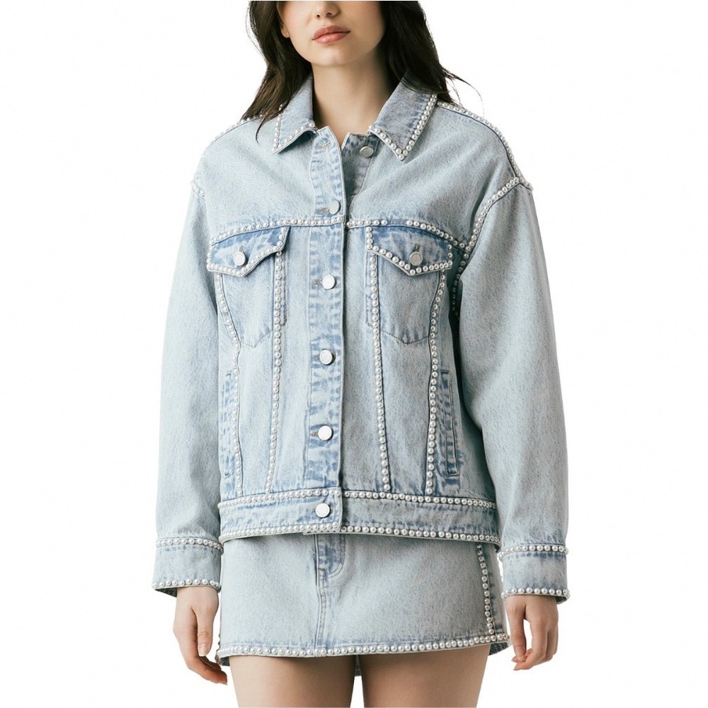 BLANKNYC Tie Breaker Pearl Embellished Denim Jacket Light Wash XS New